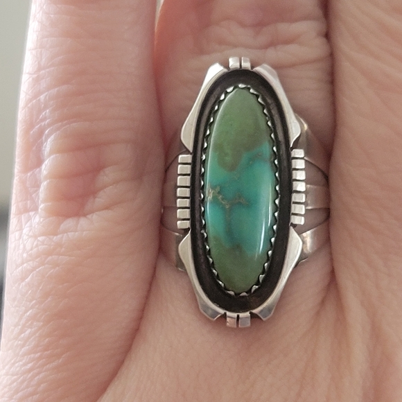 Navajo Ring .925 Silver Kingman Turquoise Artist M Begay C.1980's Size 7 - Picture 4 of 12